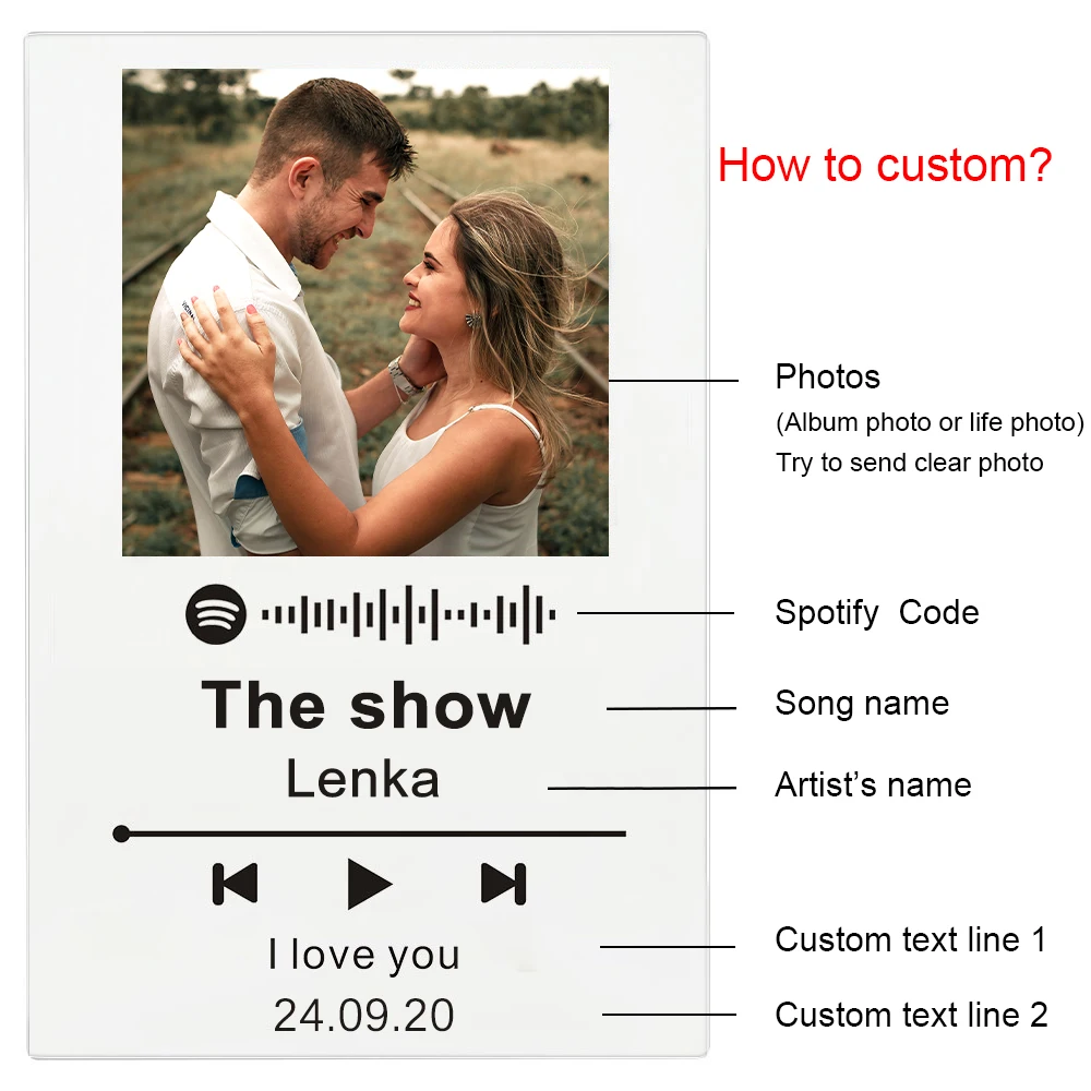 Custom Spotify Code Acrylic Transparent Music Board Personalized Photo Frame Style Wedding Anniversary Valentine's Day Gift