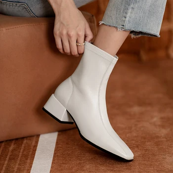 

2020 Winter Autumn Genuine Leather Ladies Ankle Boots Zipper Thick Heels Pumps Newest Party Wedding work Shoes Woman