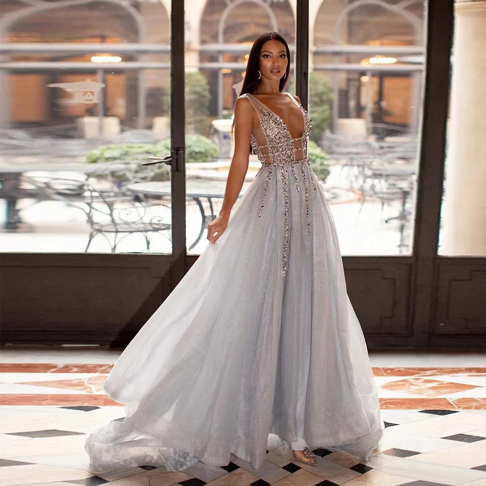 Incredibili cristalli d'argento che bordano abiti da ballo lunghi scollo  profondo Sexy abito da sera senza schienale in Tulle vedere attraverso per  il ritorno a casa|Prom Dresses| - AliExpress