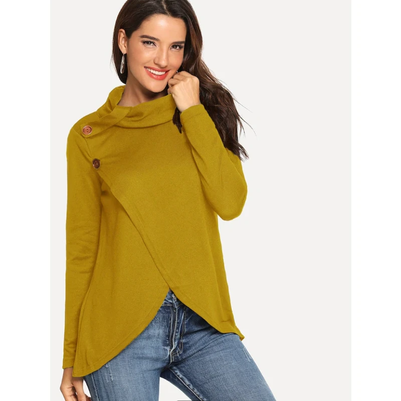 

6 Color Button Detail High Neck Sweater Women Wrap Bottom Long Sleeve Ladies Sweaters 2019 Women Autumn Workwear Pullover Tops