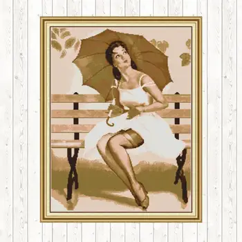 

Woman with The Umbrella Stamped Cross Stitch Sets for Embroidery Kits 14CT 11CT Count Print Fabric DIY Handmade Needlework Sets