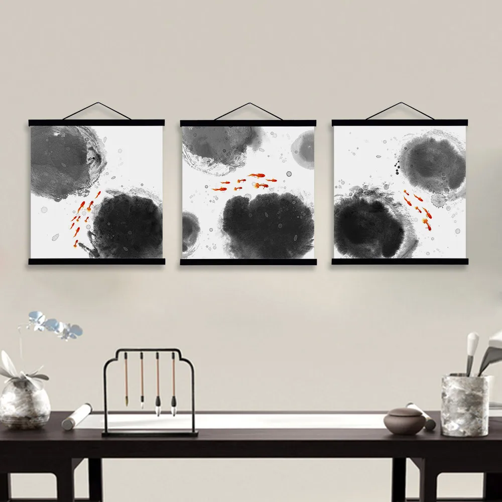 

Mild Art New Chinese Style Ink Goldfish Lotus Leaf Tong Qu Bedroom CHILDREN'S Room Multi-Solid Wood Axis Hanging Painting a Gene