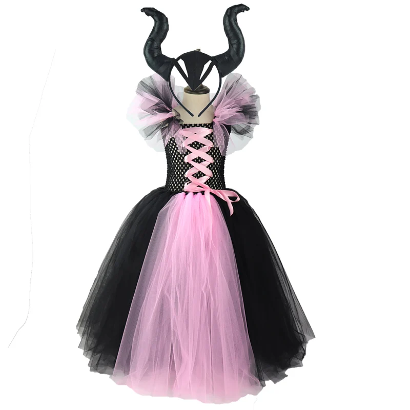 Детский рог, крылья Малефисента, королева, платье-пачка для девочек, костюм на Хэллоуин для детей, рождественские праздничные платья для девочек, детская одежда XX - Цвет: horn dress pink