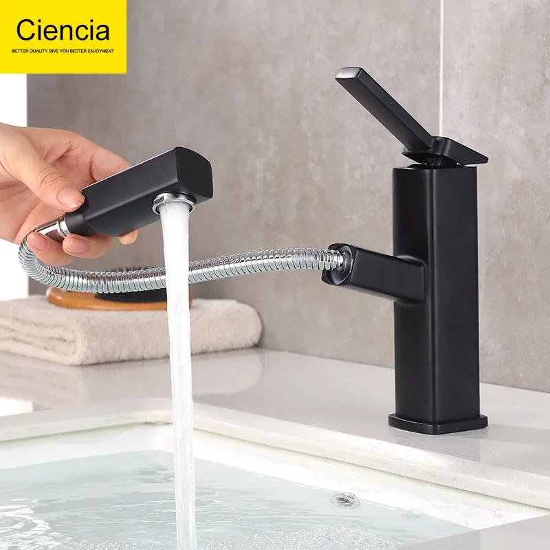 

Copper Bathroom Hot And Cold Counter Basin Tap Wash Basin Sink Tap Black And White with Pattern Pulling Basin Faucet
