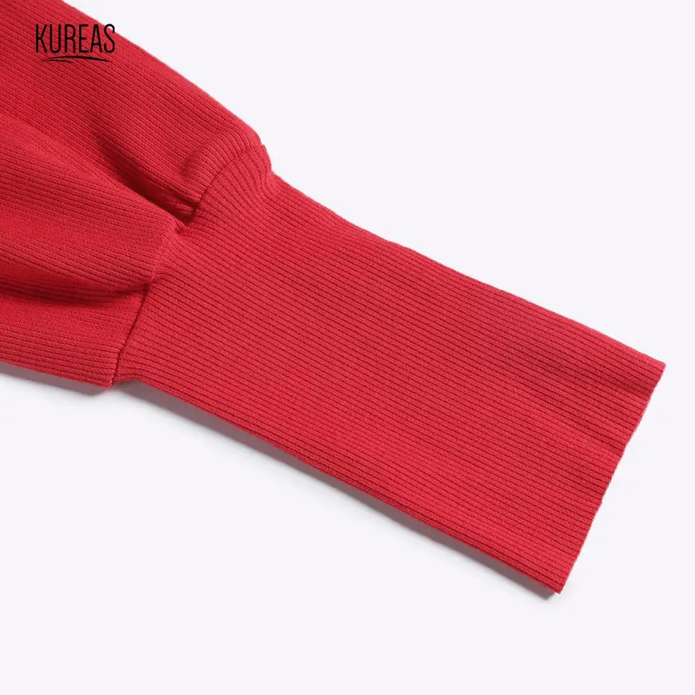 Kureas Women T Shirt Knitted Fashion Turtleneck Long Sleeve Crop Tops Sexy Midfriff T-Shirts Autumn High Street Red