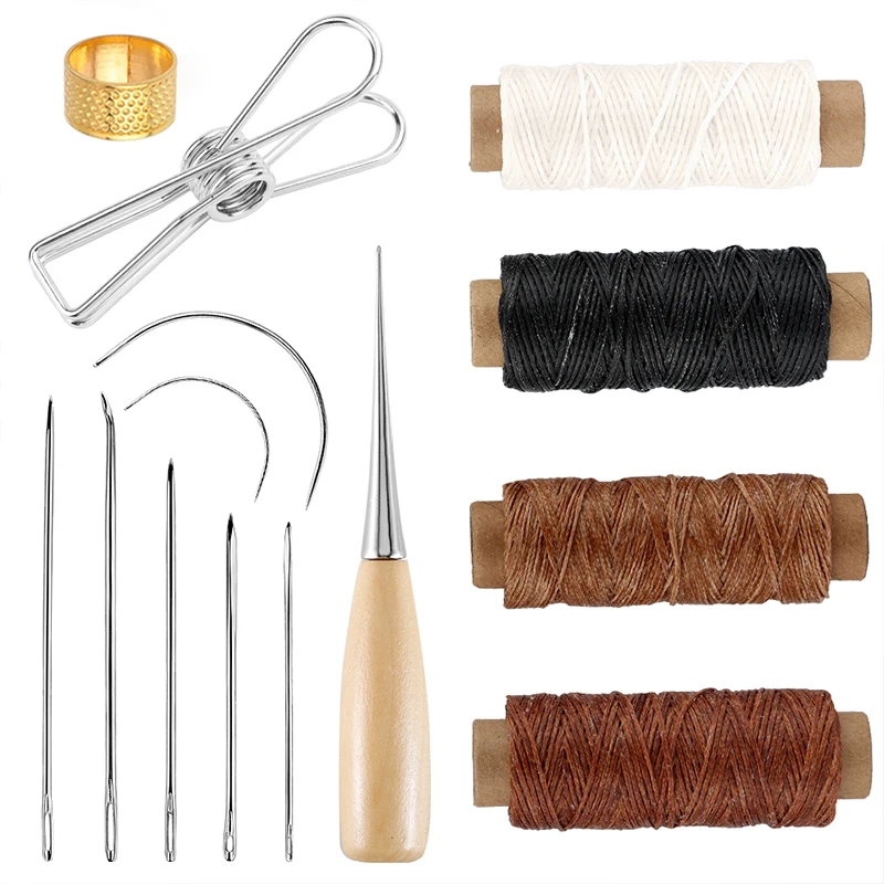 

LMDZ Leather Craft Tools Kit with Punch Awl 30m Waxed Thread Clips Leather Sewing Needle Thimble For DIY Leather Accessories Set