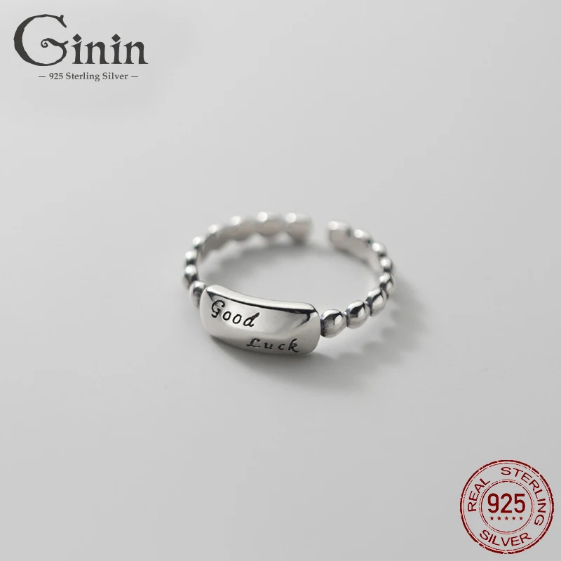 

Ginin Letter Good Luck Rectangular 925 Sterling Silver Ring for Women Man Thai Silver Elegant Simple Round Bead Finger Jewelry