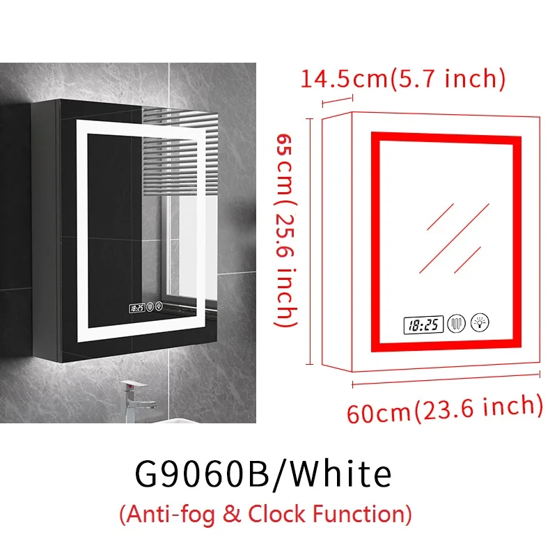 G9060B-White Gisha Настенный умный светодиодный шкаф с зеркалом для макияжа с сенсорным экраном и Bluetooth, интеллектуальное анти-запотевающее зеркало для ванной - Цвет: G9060B-White