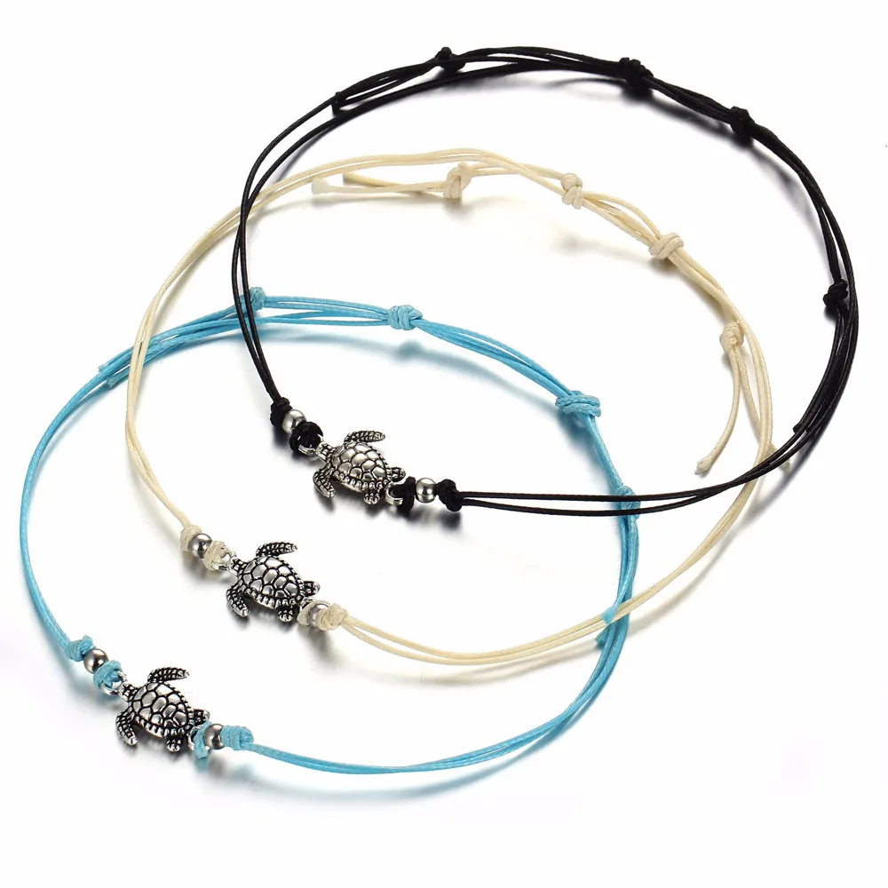Античные серебряные браслеты с морскими черепахами, винтажные разноцветные регулируемые веревки, Женская Мужская Детская Подвеска на браслет, женский браслет