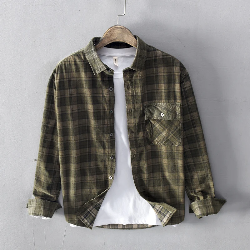 Designercorduroycottonbrandshirtmenlongsleevedplaidshirtsfor