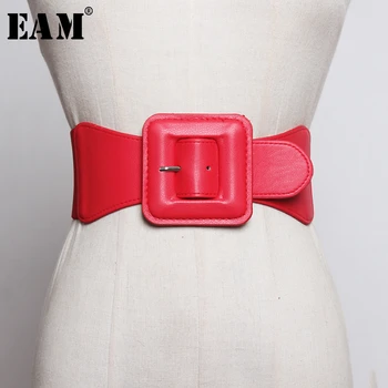 

[EAM] Pu Leather Balck Buckle Split Joing Elastic Long Belt Personality Women New Fashion Tide All-match Spring 2020 1R989