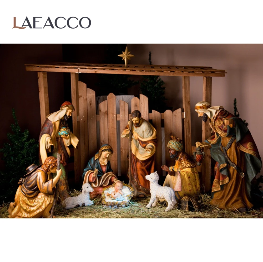 Laeacco Jesus Birth Рождественская сцена старая деревянная овчарка веселая вечеринка