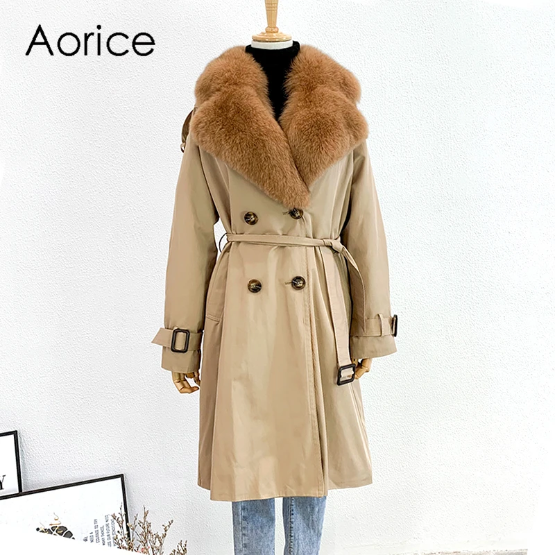 Aorice/Женская куртка с натуральным мехом, Тренч, новые меховые пальто с меховым воротником из лисьего меха, подкладка из кроличьего меха tx22b01