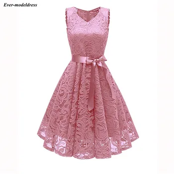 

Pink Lace Prom Dresses Short V-Neck Knee Length Simple Formal Party Dress Evening Gowns Vestidos De Festa 2020 Cheap