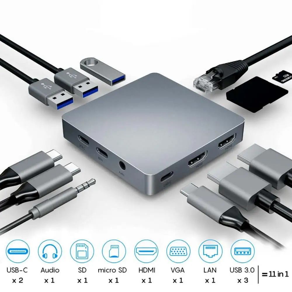 

USB C HUB Type c adapter to HDMI 4K Type C PD SD Micro SD USB 3.0 Headphone Jack 1000M Ethernet RJ45 Ethernet Docking station