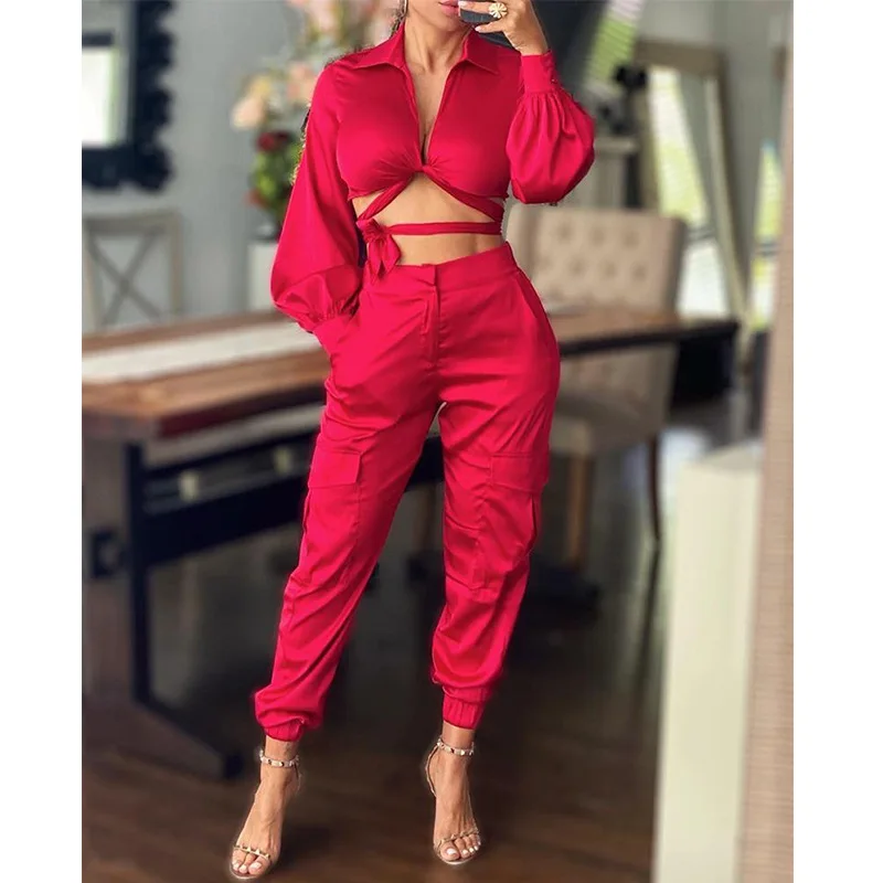 2 Piece Set Women2021 Autumn New Solid Color Lantern Sleeve Long Sleeve Shirt + Pencil Trousers Fashion Casual Trouser Suit Red