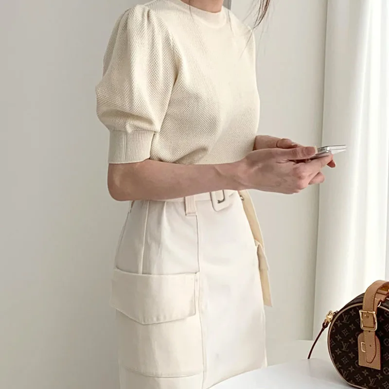 2020 Summer Short Sleeve O-Neck Pullovers Women Bubble Sleeves Korean Knitted Solid Elegant Fashion Ladies T-Shirts Tops