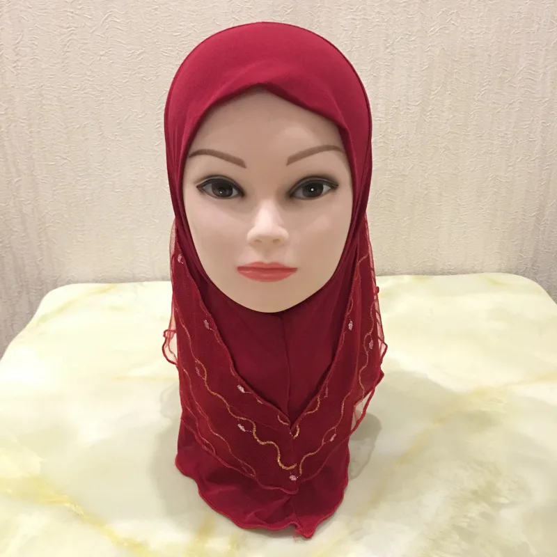 Для девочек от 2 до 7 лет, блестящая сетчатая Лоскутная хиджабская шляпа для мусульманских детей, кружевные двухслойные хиджабы, шапки, Хрустальный Конопляный головной платок
