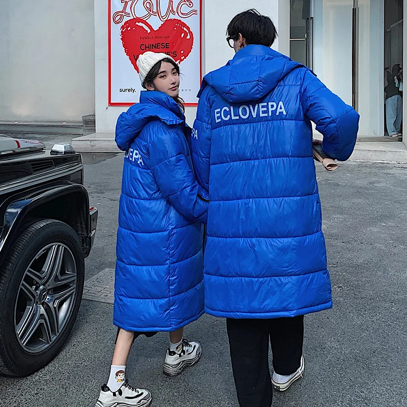 

2019 Winter New Style Korean-style Long Bright Surface Cotton Coat Women's Couple Clothes Coat Women's Large Size Loose Thick Co