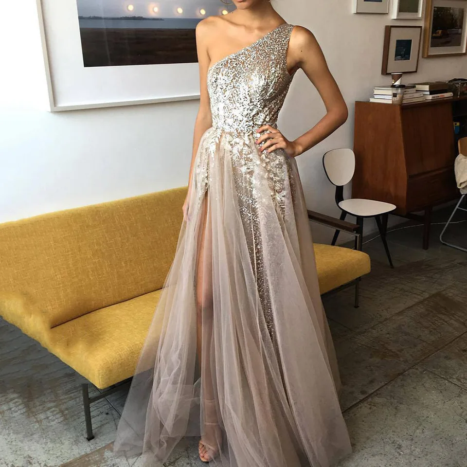 long mesh one shoulder illusion dress