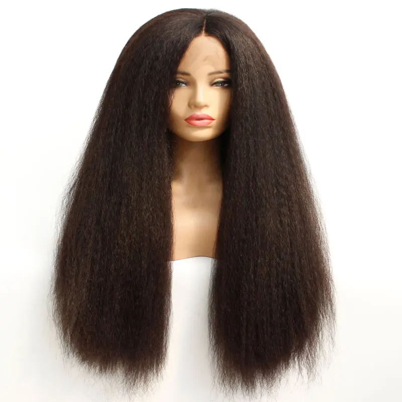 Dark Brown Yaki Straight Synthetic Lace Front Wig Heat Resistant Fiber Natural Hairline Middle Part Hair For Black Women Wigs - Цвет: Золото