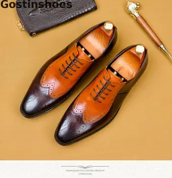 

Luxury British Style Men Brogue Shoes Genuine Cow Leather Cut-out Wing Tip Lace-up Men Oxfords Shoes Mixed Color Leather Shoes