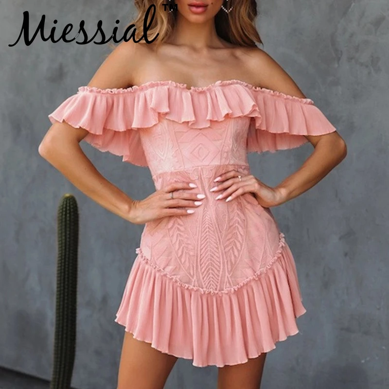 Miessial, Розовое Кружевное облегающее платье с открытыми плечами, Осеннее винтажное элегантное платье с оборками, зимние вечерние платья для ночного клуба, короткое платье