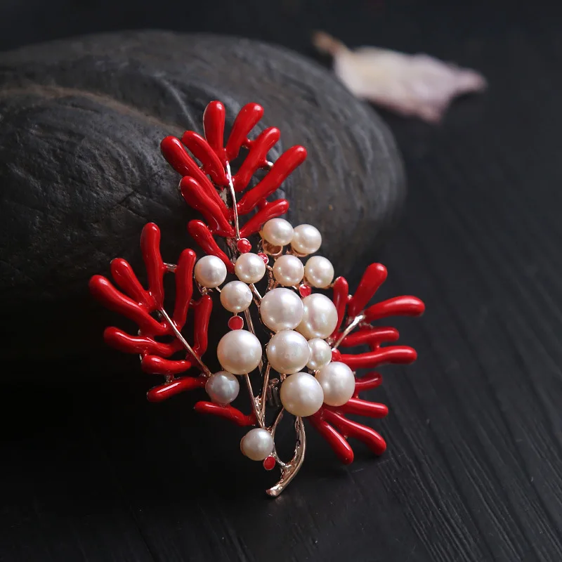 

Red coral natural Large Pearl pneumatic Brooch Italian Designer Original Hand Craft