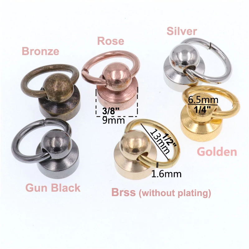 10pcs Brass Ball post with O ring screwback studs rivets Head button stud post & O ring Garment Leather Craft Belt Wallet Decor