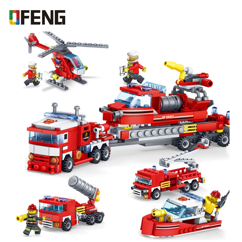 

City Fire Fighting Trucks Car Helicopter Boat Building Blocks 4 IN 1 Set Firefighter Compatible Bricks Toys Christmas Gifts