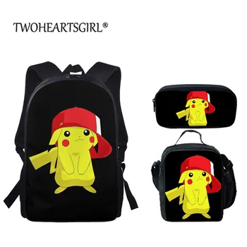 

Twoheartsgirl Cartoon Pikachu School Bag Set for Teenage Boys Girls Cute Highschool Children School Book Bags Cute Scholbag 3in1
