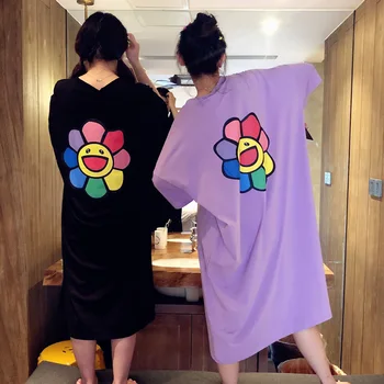 

Cartoon Flower Long sleeve Long Night Dress Oversize Sleepshirts Knee-Length Ladies Loose Dress Leisure Soft maternity pajamas