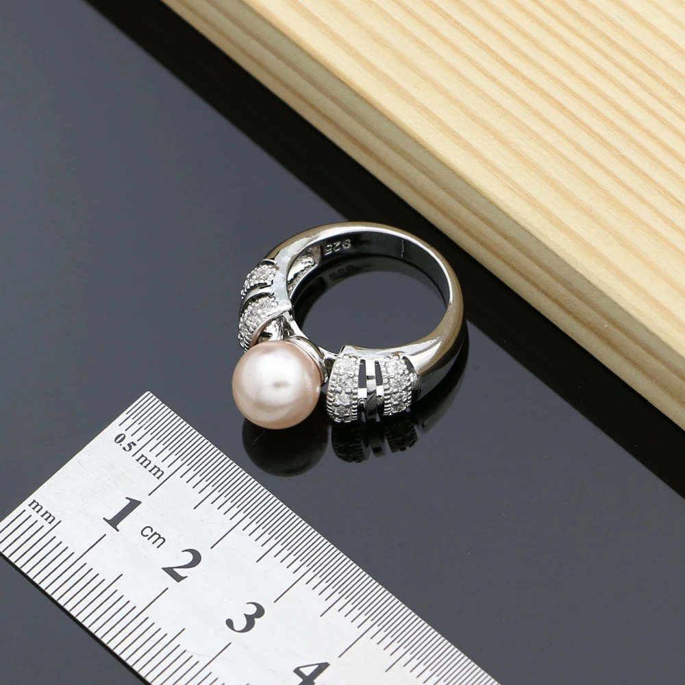 Pink Pearls Jewelry Sets 925 Silver Bridal Jewelry For Women Wedding Earrings/Pendant/Rings/Necklace Set - 4