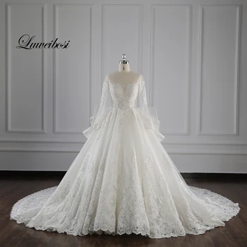 

100% real picture Vestido de novia O neck long sleeves zipper back Ball Gown Wedding dress beaded lace Bridal gown TT007