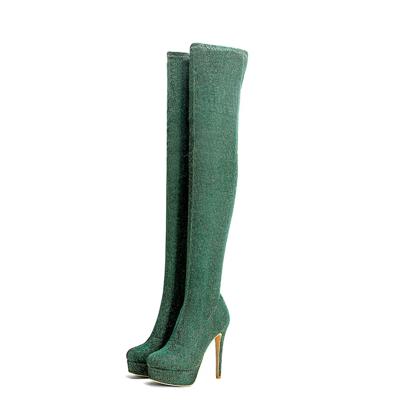 

Top Women's Sexy Over The Knee Boots Golden Green And Red Winter Woman High Heel Shoes Plus Size 33 43 Fashion Thigh High Boots