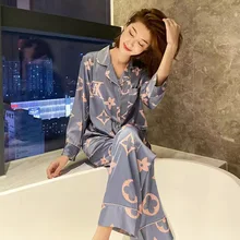 

Cartoon Silk Pajamas Sexy Long Sleeve Sleepwear Satin Silk Underwear Plus Size Lingere Home Clothes 2-piece Pajamas for Women