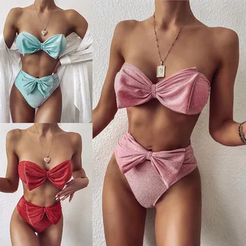 

Shiny Bikini Set Bandeau Swimsuit Women High Waist Swimwear Two Piece Bather Sexy Swimming Suit Female Bow Biquini Beachwear