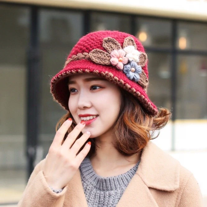 Autumn Winter Knitted Female Three-Dimensional Flower Plush Fisherman Hat Basin Hat Mother Hat Fashion Old Age Cap Khaki 3