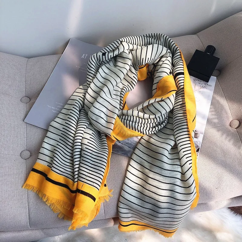 

Small fresh black and yellow striped cotton and linen scarf female sunscreen silk warm shawl scarf for women winter scarf