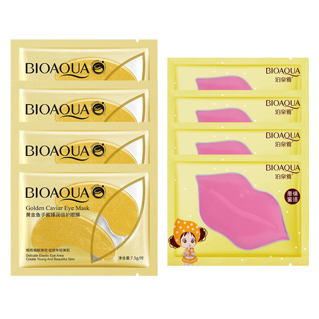 Eye Mask Combination 4pcs Moisturing Nourishing Lips Mask 4Pairs Collagen Anti-Aging Wrinkle Dark Circles Eye Patch Skincare
