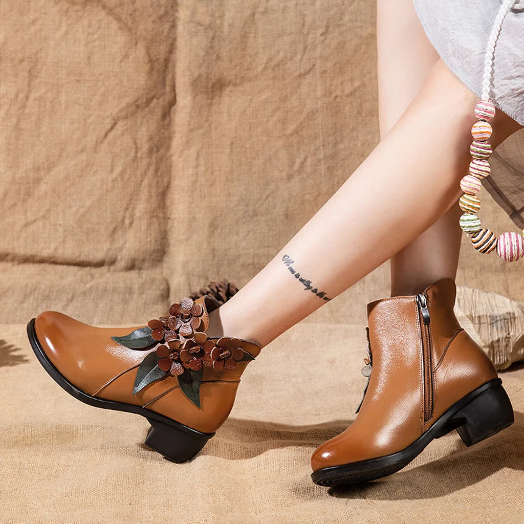 

Vintage Handmade Floral Boots Women Casual Zipper Mid Heel Shoes Woman 2019 Autumn Winter Ankle Boots For Women botas feminina
