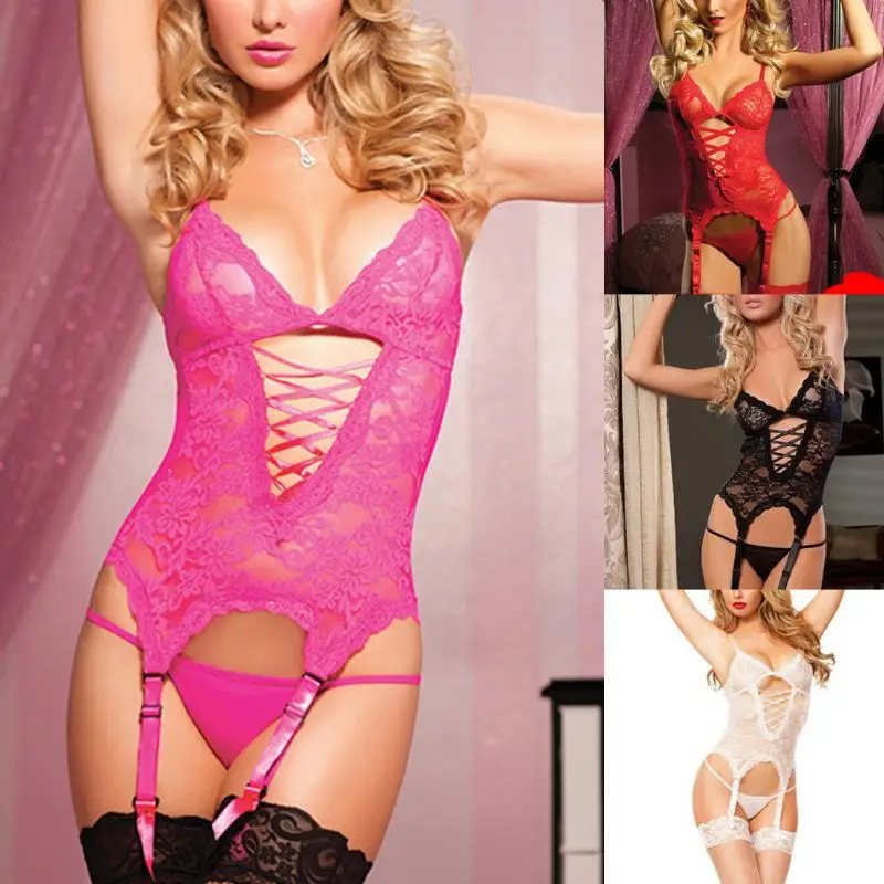 

Womens Sexy Solid Color Babydoll Lingerie Set Prisoner Deep V Cross Bandage Backless Bodysuit With Garter Belt G-String Handcuff