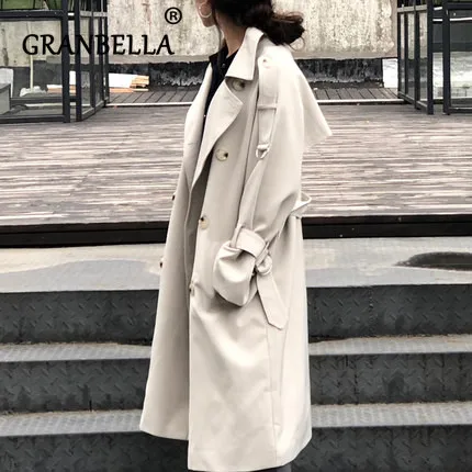 

2019 Temperament Loose BF Leisure Chic Women Trench Coat Double Breasted Solid White Color Elegant Office Lady Casual Coats