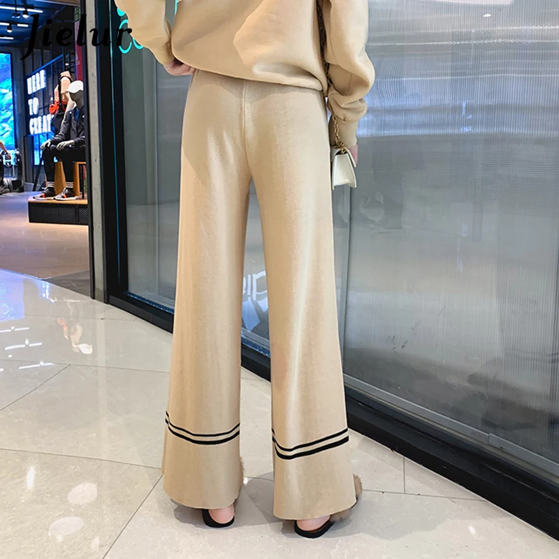 Jielur осень Pantalones Mujer Cintura Alta НОВЫЕ шикарные обтягивающие свободные трикотажные джоггеры женские широкие черные Простые штаны