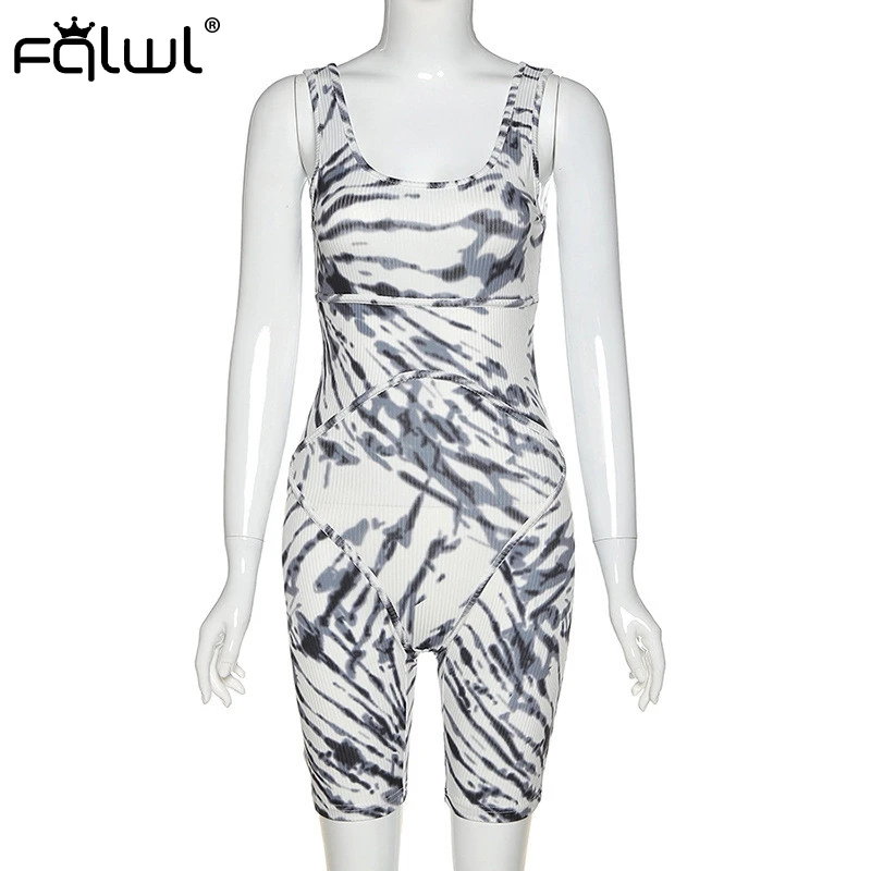FQLWL Tie Dye Print White Summer Rompers Womens Jumpsuit Female Backless One Piece Sexy Bodycon Short Jumpsuit Women Playsuit