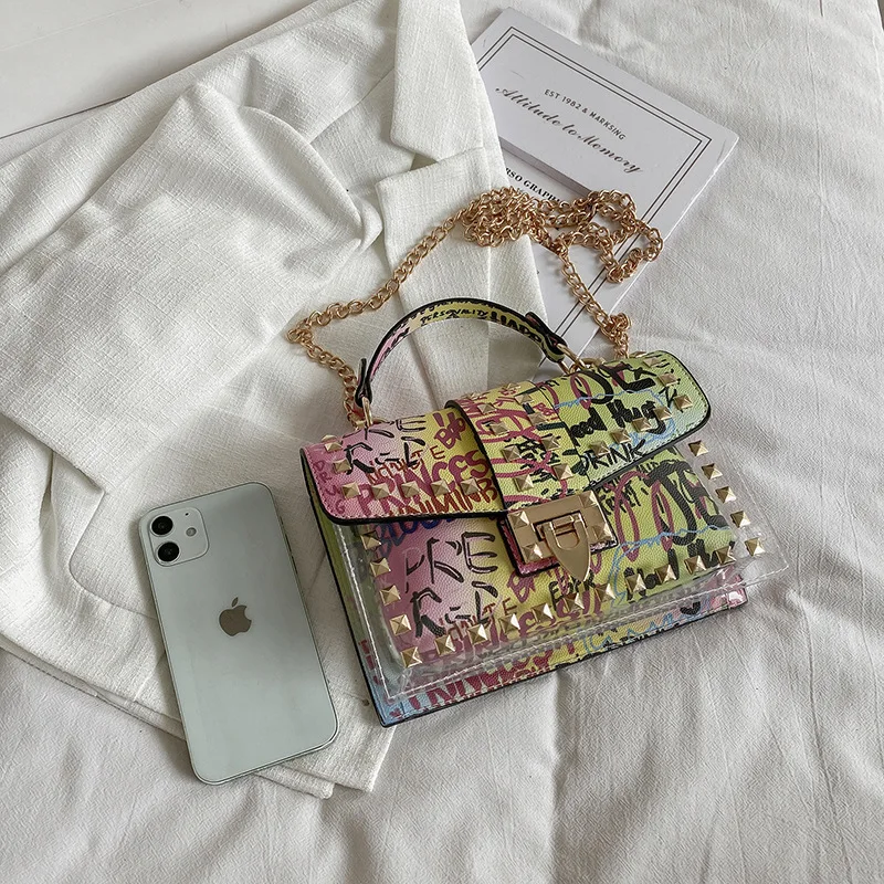 PVC Transparent Jelly Bag 2022 Fashion Graffiti Chain Single Shoulder Messenger Bag Purses and Handbags Tote Bags for Women