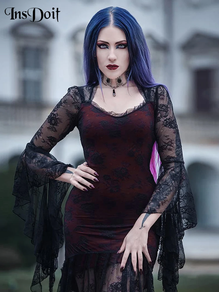 InsDoit vestido gótico de encaje con retales para mujer, vestido negro de manga acampanada transparente, Sexy, ajustado, largo|Dresses| - AliExpress