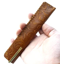 

Portable Leather Pen Protection Bag Holder For One Pen PencilCase Real Nature Cowhide Pencil Case Handmade Carved Surface Gift