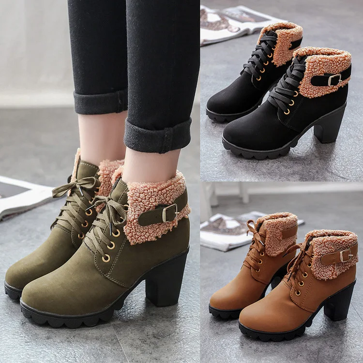 

Martin Boots Women's British-Style round-Toe Lace-up Chunky-Heel Short Boots Furry Revers High-Heel Cotton Boots Thick Winter Sh