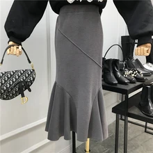 Осень и зима темперамент Раффлед рыбий хвост юбка Дикий сплошной цвет Высокая Талия Тонкий пакет бедра юбка